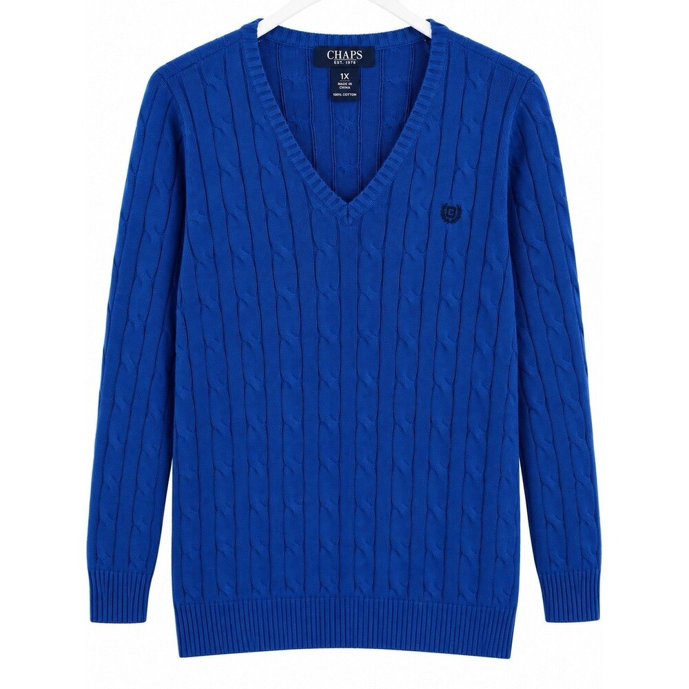 Chaps Blue Cable-Knit V-Neck Pullover Sweater Cotton Knit Long Sleeve Women’s 1X